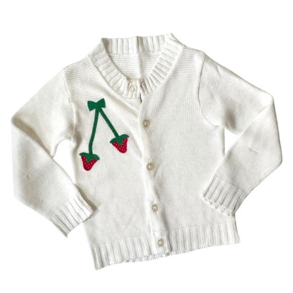 Vintage Kids White Knit Strawberry‎ Applique Button Up Cardigan Sweater Size 4T
